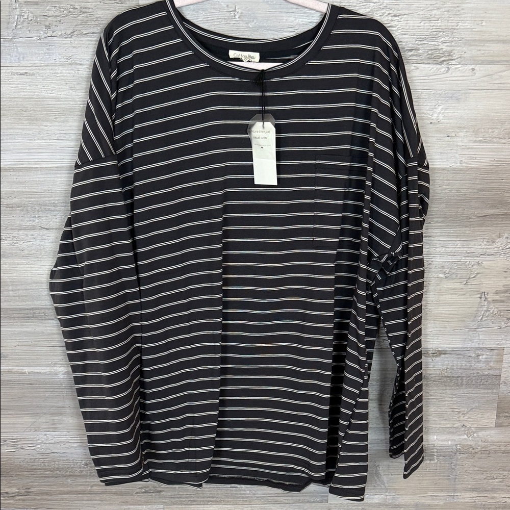 Cotton Bleu Black and White Striped Long Sleeve Shirt